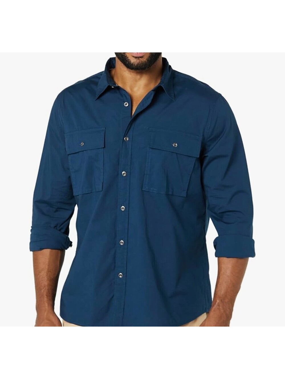 Amazon Essentials Mens Slim-Fit Long-Sleeve 2-Pocket Utility Shirt Size: S Blue